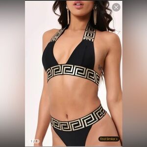 Black Two-Piece Bikini with Gold Greek-Key Band